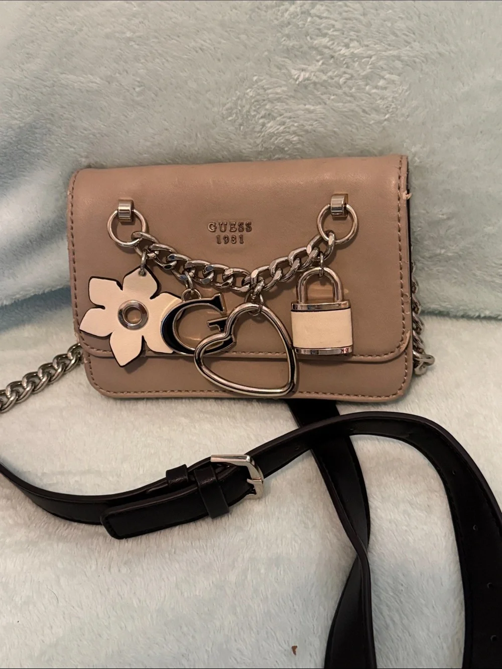 GUESS Taupe Crossbody with Charm Chain Accents